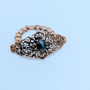 Elegant Filigree Bracelet Old Gold Plated Green Gemstone Filigree